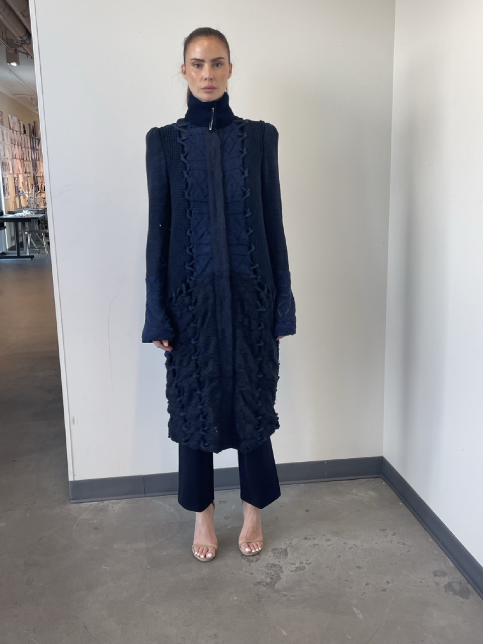 C3 long coat on dressform: front