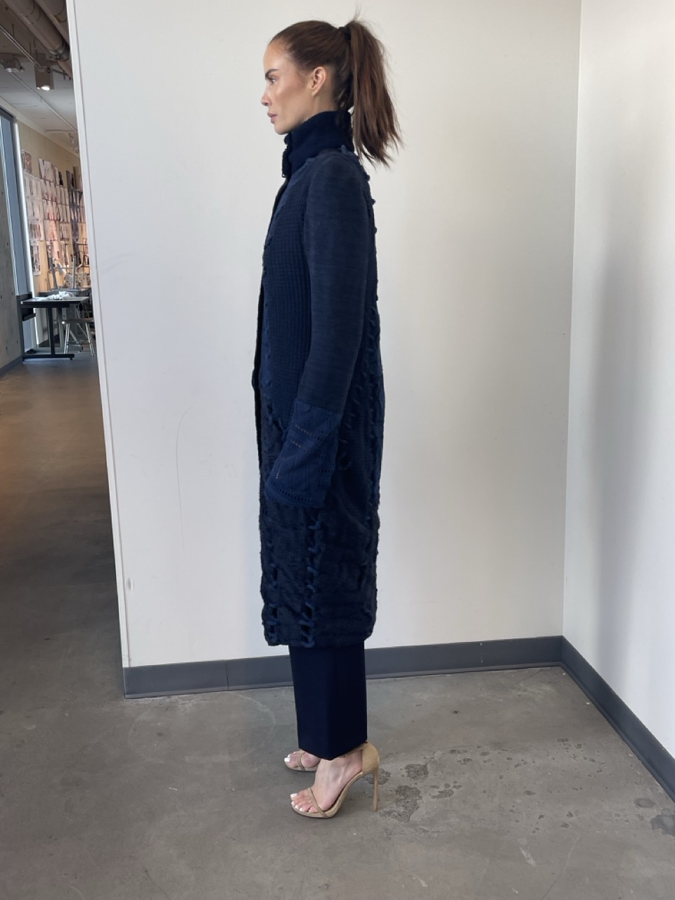 C3 long coat on dressform: side